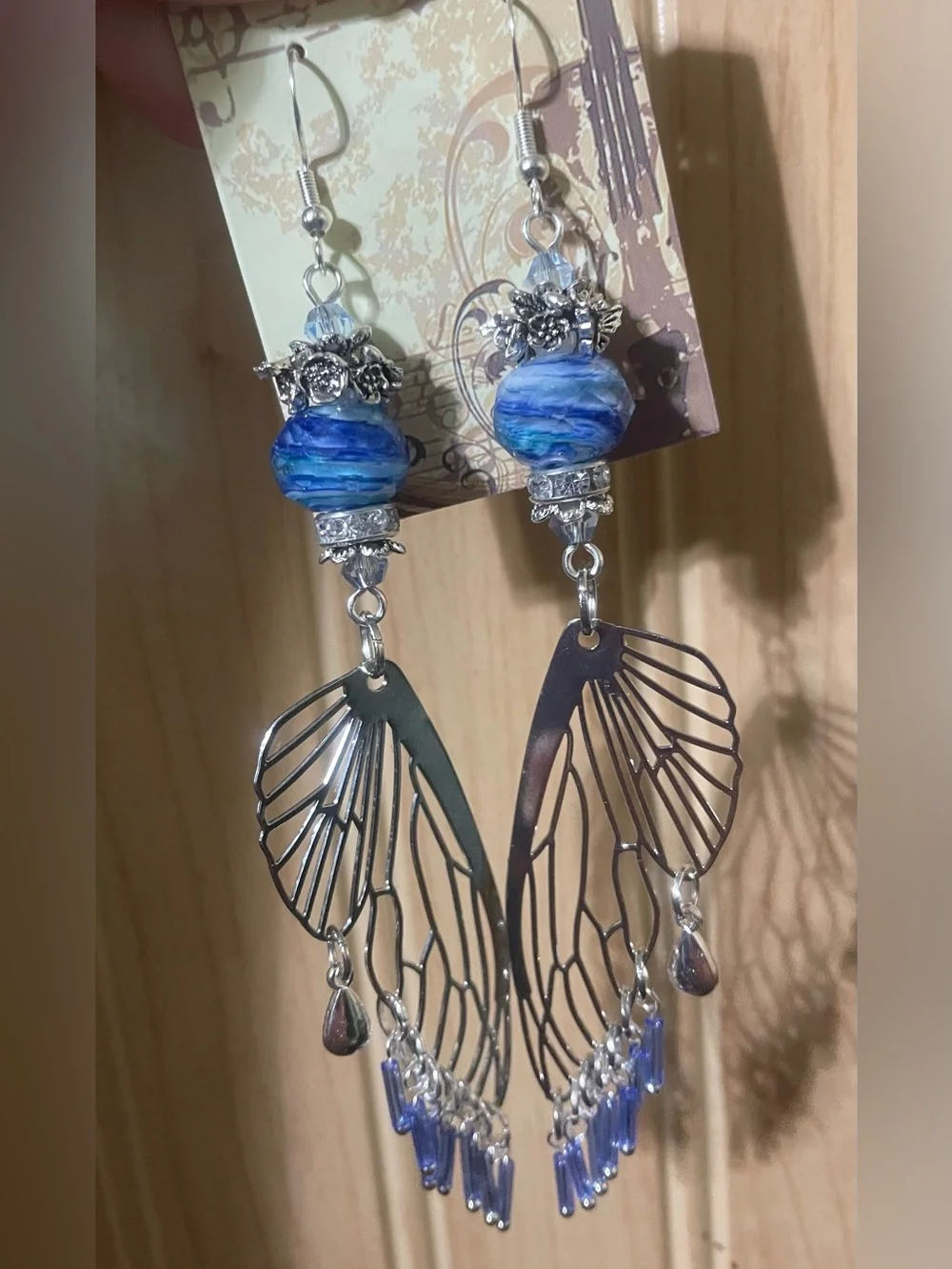 Starry Night Silver Wing Dangle Earrings - Picture 7 of 8